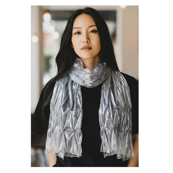 Metallic Silver Floral Button Frock Scarf Wrap 70" - Picture 9 of 9